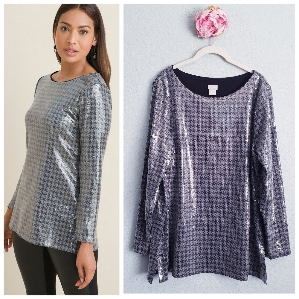 Chicos Houndstooth Sequin Long Sleeve Tunic